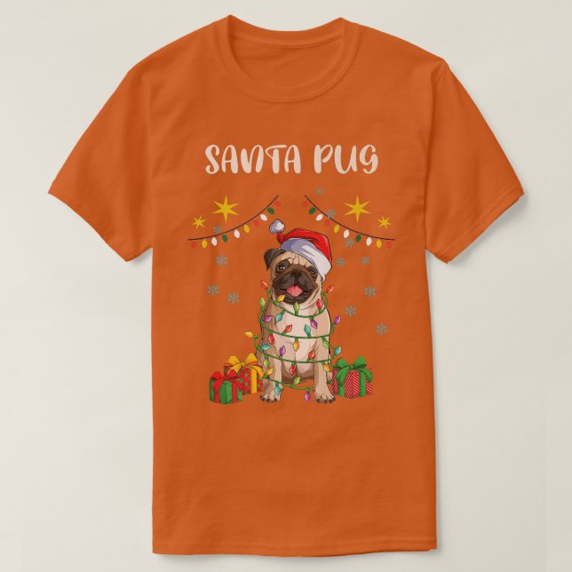Camiseta Feliz Natal Papais noeis Pug, Santa Hat Xmas Luzes (Frente do Design)