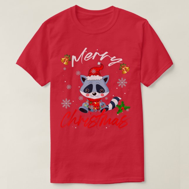 Camiseta Feliz Natal Papais noeis Raccoon Xmas Luzes Engraç (Frente do Design)