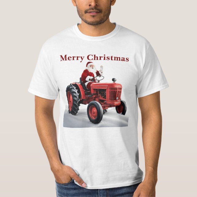 Camiseta Feliz Natal Papais noeis Red Trator Fazenda Legal (Frente)