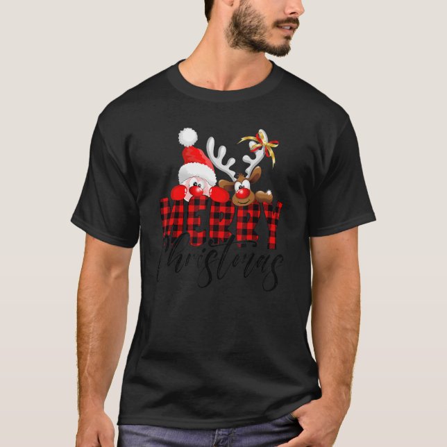 Camiseta Feliz Natal Papais noeis Reindeer Xadrez Family Ma (Frente)