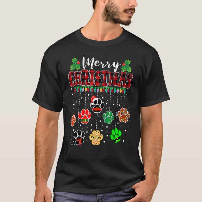 Camiseta Feliz Natal Pata de Cães Imprimir Xadrez de Buffal (Frente)