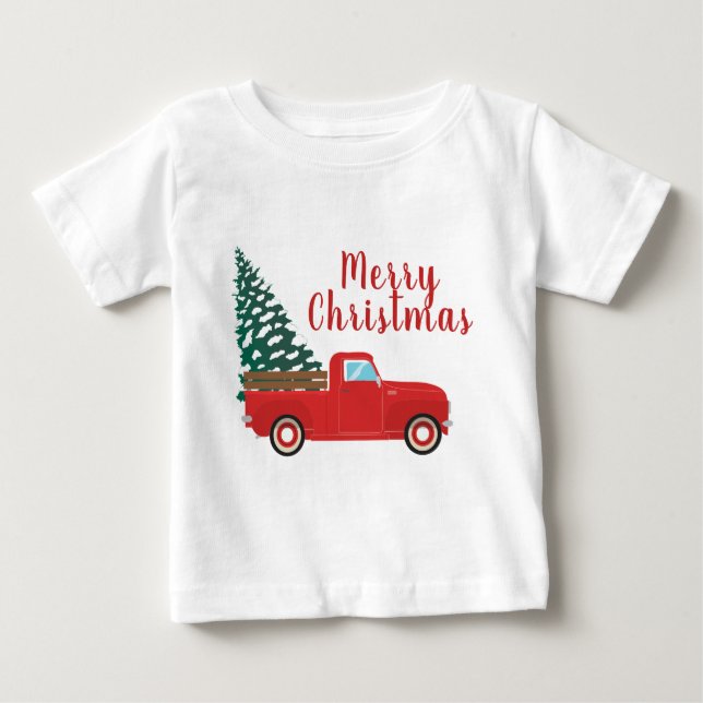 Camiseta Feliz Natal - Pequena Árvore de Caminhão Vermelho (Frente)