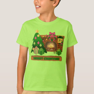 Camiseta Feliz Natal perto da árvore de Natal de lareira bo