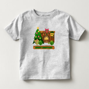 Camiseta Feliz Natal perto da árvore de Natal de lareira bo