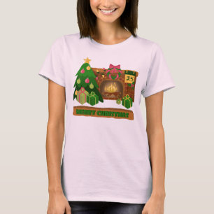 Camiseta Feliz Natal perto da árvore de Natal de lareira bo