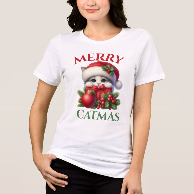 Camiseta Feliz Natal Pet de Natal Gato Festivo (Frente)
