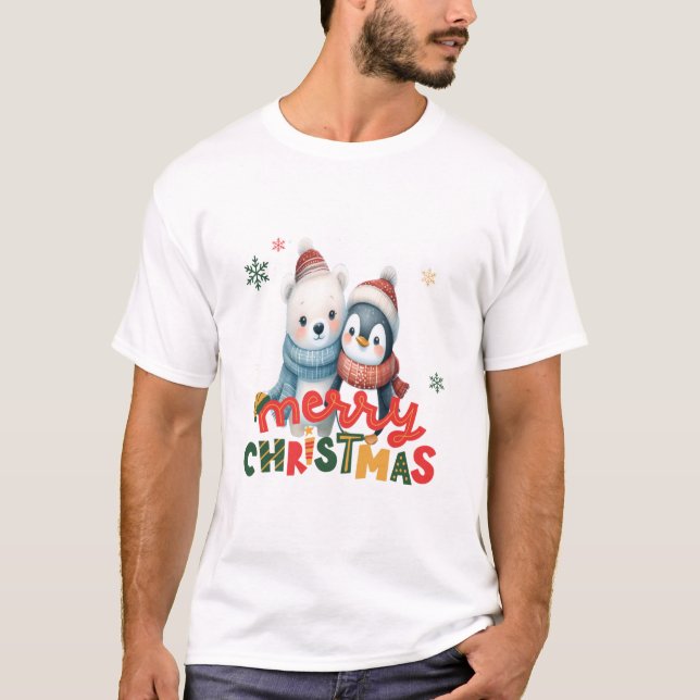 Camiseta Feliz Natal, Pinguins, Hugging - Feriado Bonito (Frente)