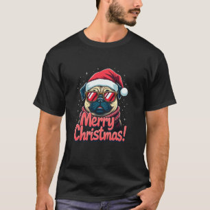 Camiseta Feliz Natal Pug Óculos Solares Santa hat Xmas Dog