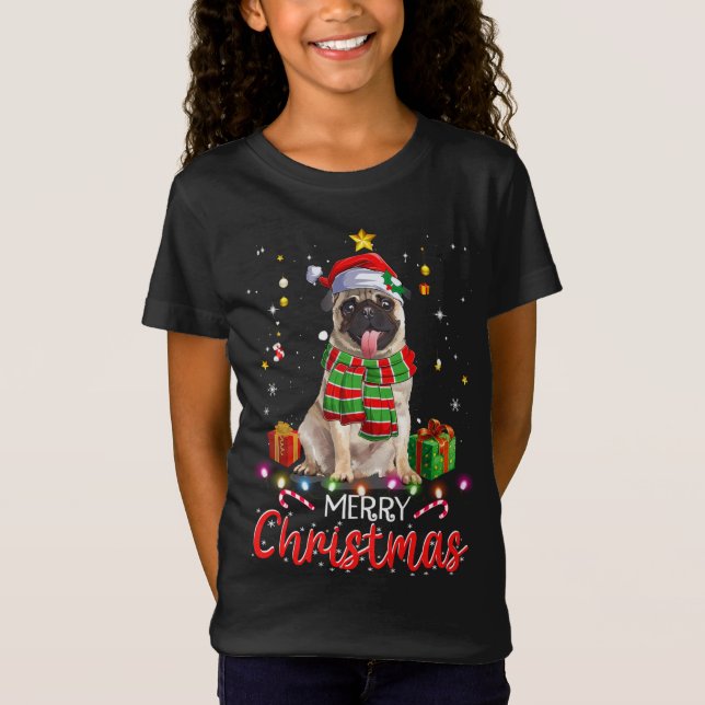 Camiseta Feliz Natal Pug Santa Hat Tree Luzes Xma (Frente)