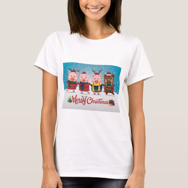 Camiseta Feliz Natal Quatro Pequenos Porcos (Frente)
