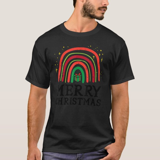 Camiseta Feliz Natal Rainbow Cute Xmas Mulheres Crianças (Frente)