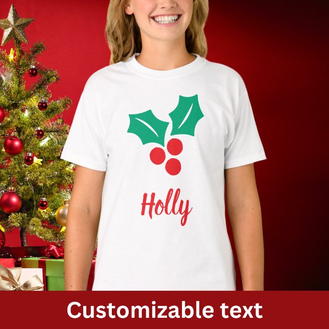 Camiseta Feliz Natal Red White Holly Nome Personalizado de  (Criador carregado)