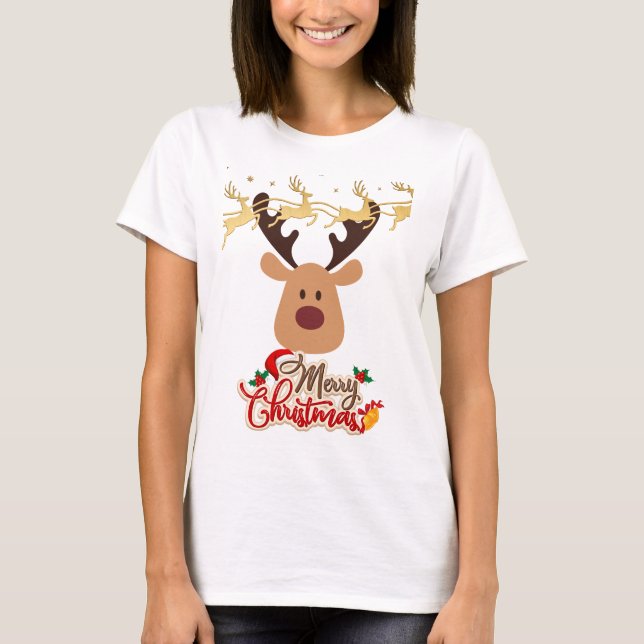 Camiseta Feliz Natal Reindee Divertido Tipografia Dourada V (Frente)