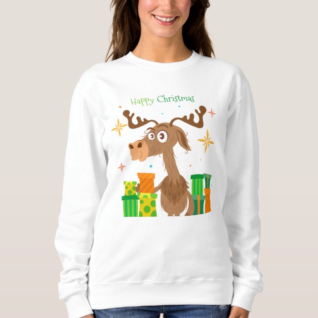 Camiseta Feliz Natal Reindeer Cartoon | Feriados (Frente)