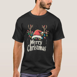 Camiseta Feliz Natal Reindeer Red Santa Hat Família Xmas