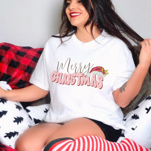 Camiseta Feliz Natal Retro anos 80 Font Santa Hat Vermelho 