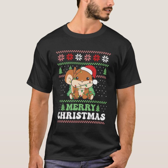 Camiseta Feliz Natal Retro Esquilo de Natal Feio (Frente)