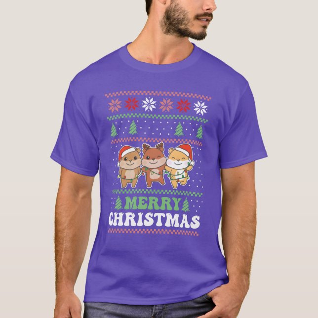 Camiseta Feliz Natal Retro Fama de Hamster de Natal Feio (Frente)