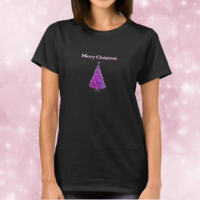 Camiseta Feliz Natal Rosa Brilho Prata Como Árvore (Pink Christmas tree silver sparkle decorations on womans holiday tee shirt.)
