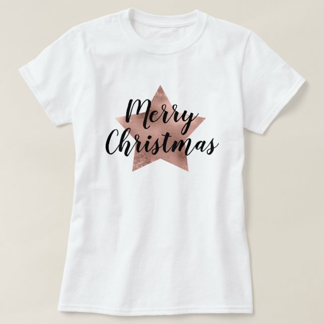 Camiseta Feliz Natal Rosa Dourado Estrela Rosa (Frente do Design)