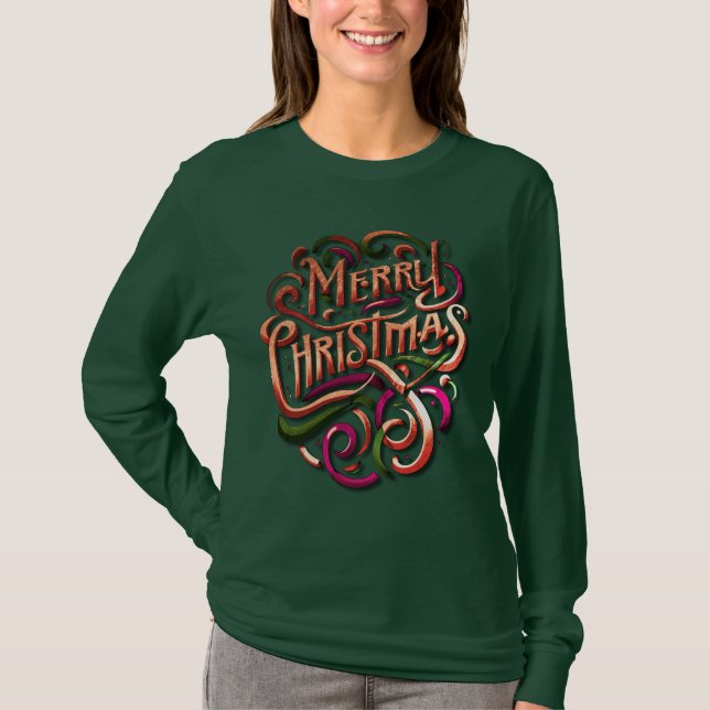 Camiseta Feliz Natal Rosa Rosa Estilizado (Frente)