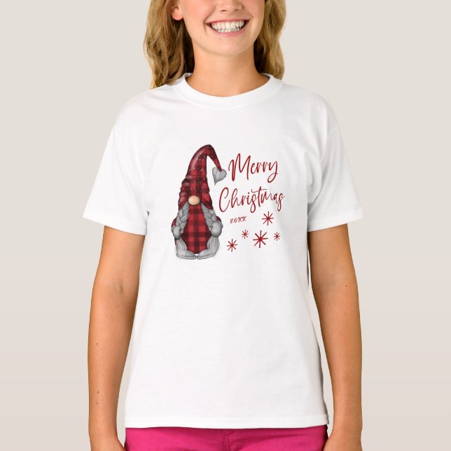 Camiseta Feliz Natal Rustic Gnomo na Xadrez de Buffalo Verm (Frente)