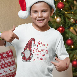 Camiseta Feliz Natal Rustic Gnomo na Xadrez de Buffalo Verm