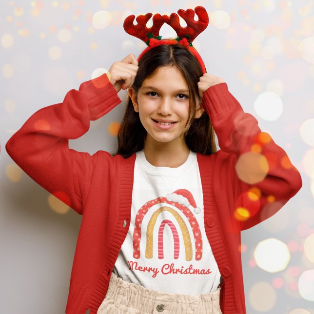 Camiseta Feliz Natal Santa Hat Rainbow Personalizado (Criador carregado)