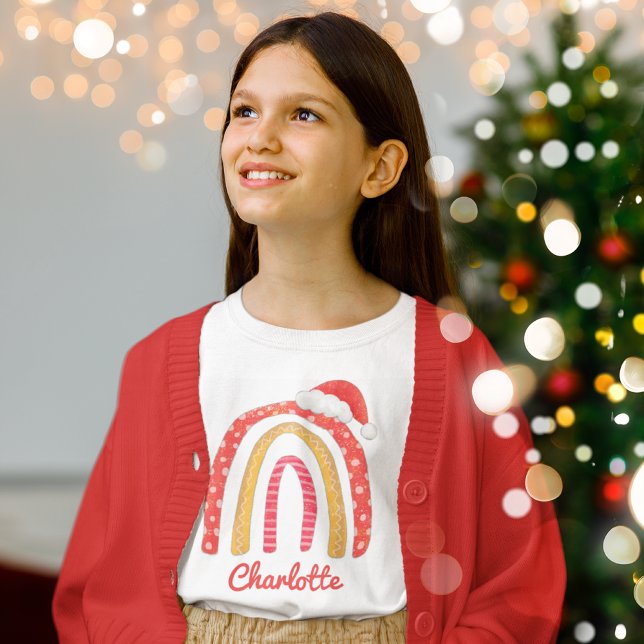Camiseta Feliz Natal Santa Hat Rainbow Personalizado T-S (Criador carregado)