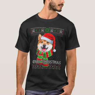 Camiseta Feliz Natal Shiba Inu Hat Papais noeis Scarf Ugly