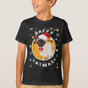 Camiseta Feliz Natal Siamês Gato de Natal em Santa Chapéu