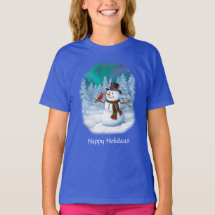 Camiseta Feliz Natal Snowman e Birds Cena de Inverno