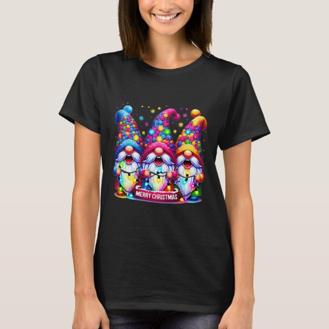 Camiseta Feliz Natal Três Gnomos Homens da Família Xmas Mul (Frente)