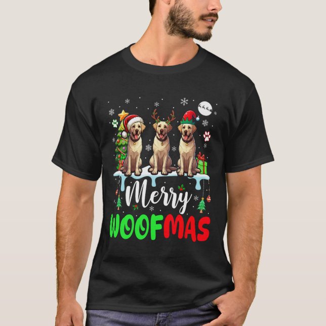 Camiseta Feliz Natal Três Papais noeis Elf Labrador Retr (Frente)