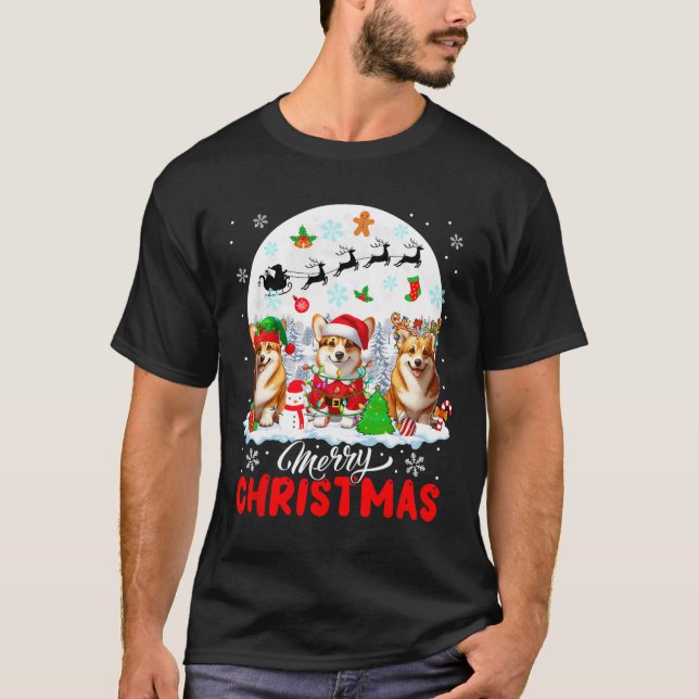 Camiseta Feliz Natal Três Papais noeis Elf Reindeer Corgis  (Frente)