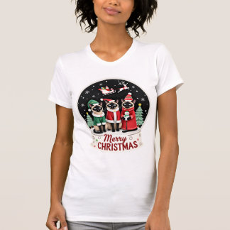 Camiseta Feliz Natal Três Santa Elfo Rena Siamês C