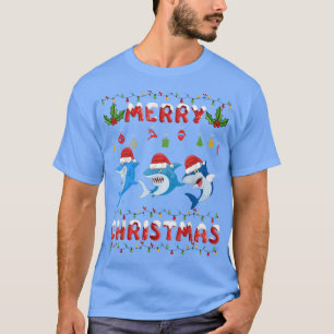 Camiseta Feliz Natal Tubarão Santa Hat Luz Natal Engraçado