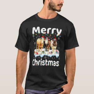 Camiseta Feliz Natal Vaca Fazendeiro Chapéu do Papai Noel L