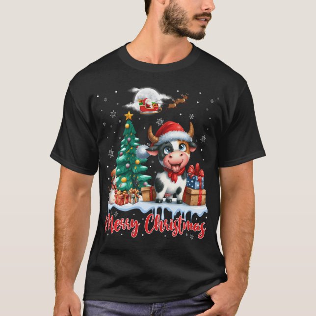 Camiseta Feliz Natal Vaca Santa Hat Vaca Fresca Chri (Frente)