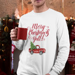 Camiseta Feliz Natal Y Vintage Caminhão Branco Vermelho<br><div class="desc">Feliz Natal Y'all - Watercolor Vintage Red Truck com Camiseta de Palha de Natal de Masculino</div>