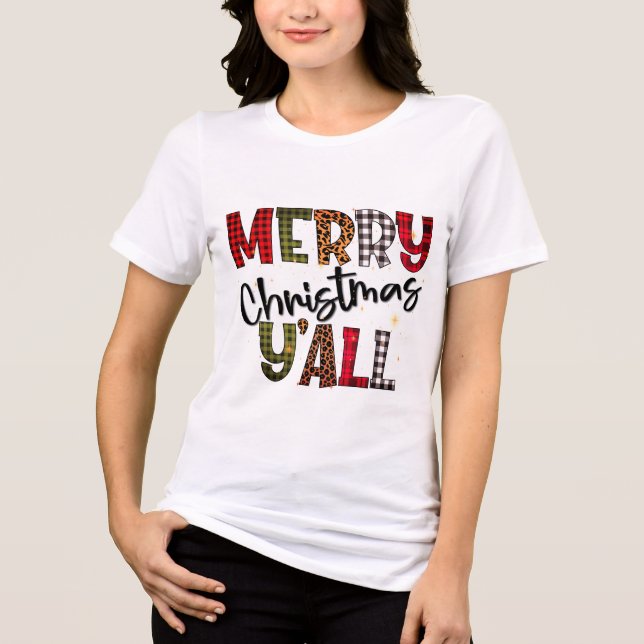 Camiseta Feliz Natal Y'all Tartan Leopard Imprima Modern (Frente)