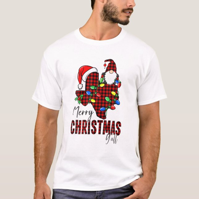Camiseta Feliz Natal Y'all Texas State Red Xadrez (Frente)
