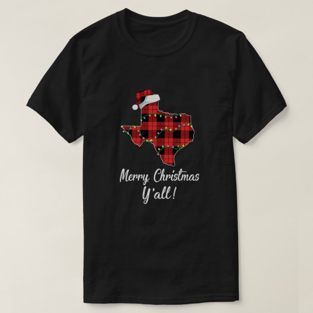Camiseta Feliz Natal Y'all Texas State Red Xadrez Presente (Frente do Design)