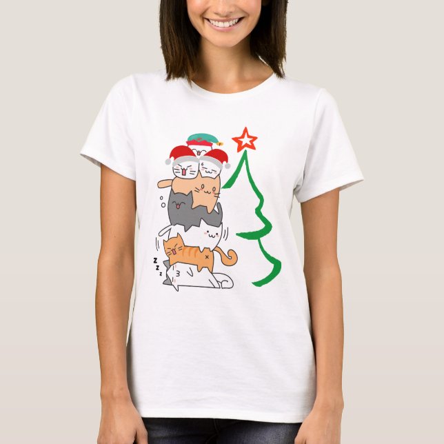 Camiseta Feliz NatalTorre de Pilha de Gato, Natal de Gato (Frente)
