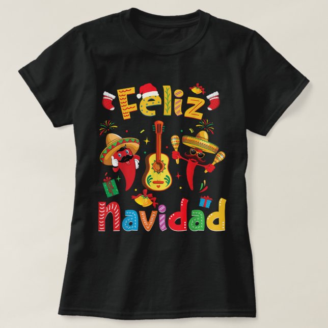 Camiseta Feliz Navidad Mexicana Fiesta Hot Pepper Guitar Xm (Frente do Design)