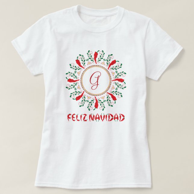 Camiseta Feliz Navidad Vermelho Chile Pepper Wreath (Frente do Design)