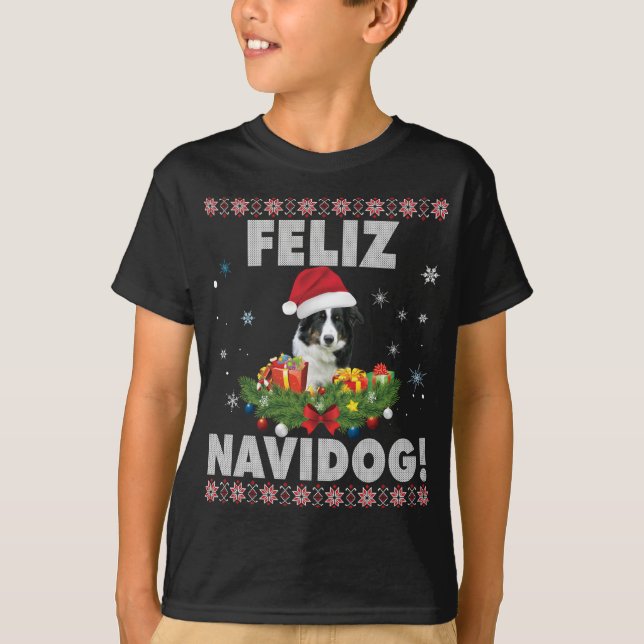 Camiseta Feliz Navidog Border Collie Dog Ugly Sweater Chris (Frente)