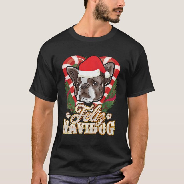 Camiseta Feliz Navidog Buldogue Francês Com O Chapéu Do Pap (Frente)