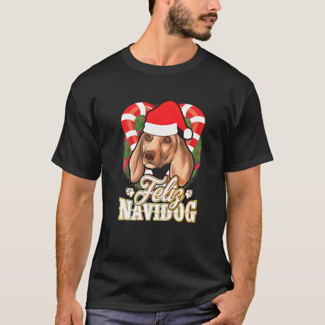 Camiseta Feliz Navidog Dachshund Com Papai Noel Cão De Chap (Frente)