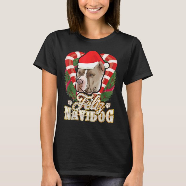 Camiseta Feliz Navidog Pitbull com Papai Noel Chapéu Pittie (Frente)